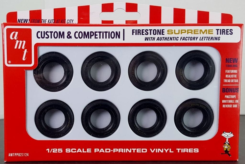 AMT Firestone Supreme Tires with Authentic Factory Lettering and Pinstripe  Whitewall on Reverse Parts Pack